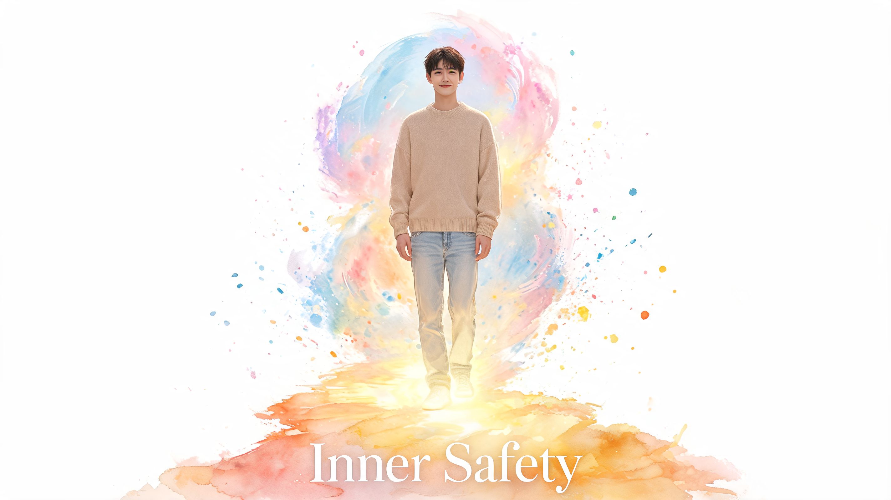 A young man wearing a beige sweater smiles while standing centered against a vibrant watercolor background.