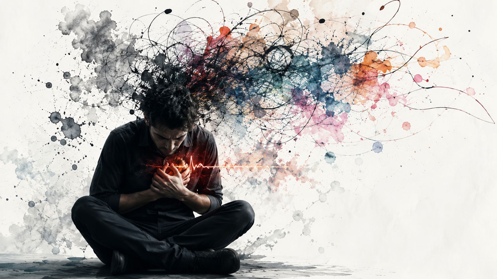 A man sitting on the floor holding his chest with a swirling, colorful abstract explosion above him.