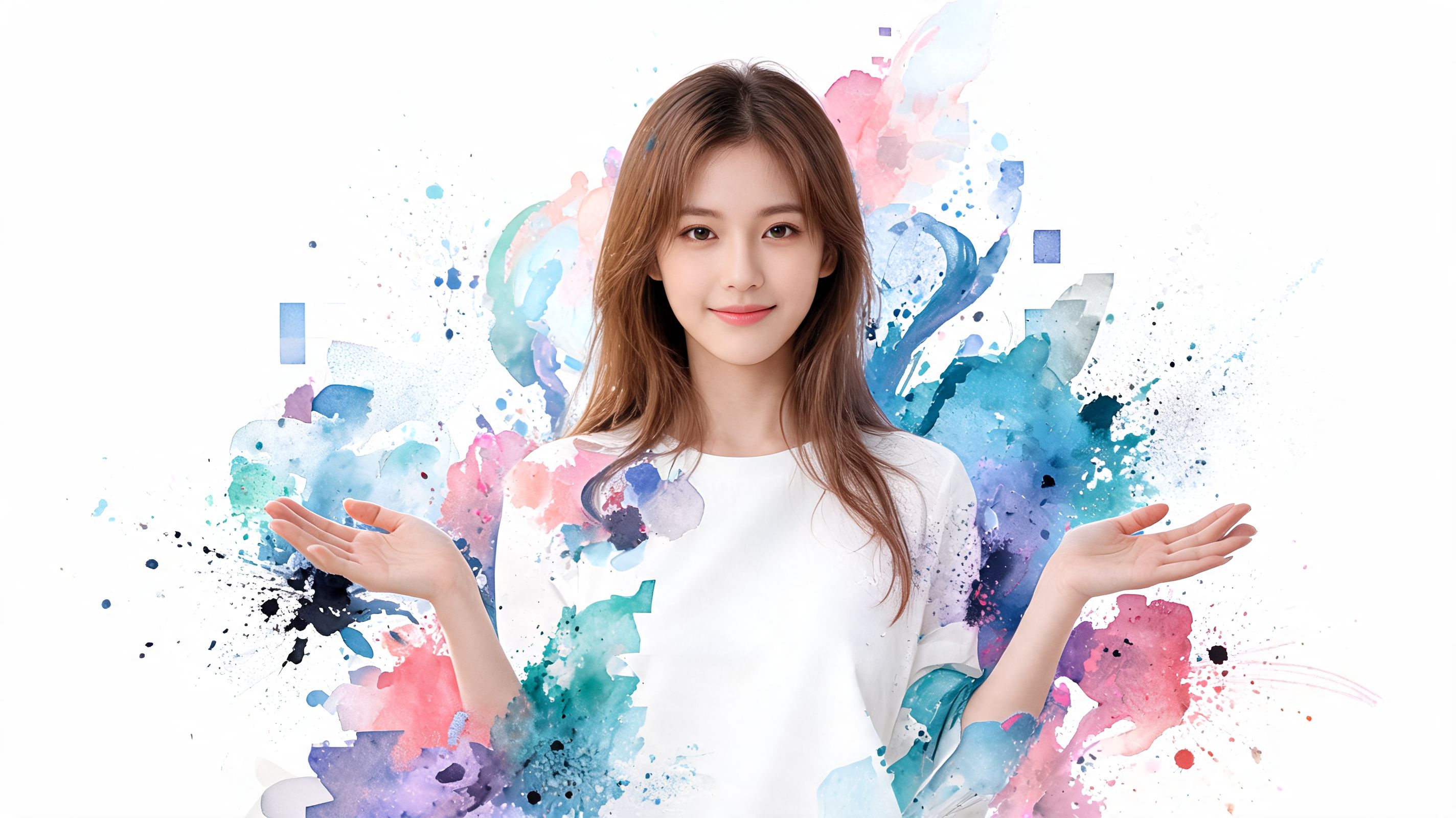 A young Asian woman smiling with arms extended, set against a colorful abstract watercolor splatter background.