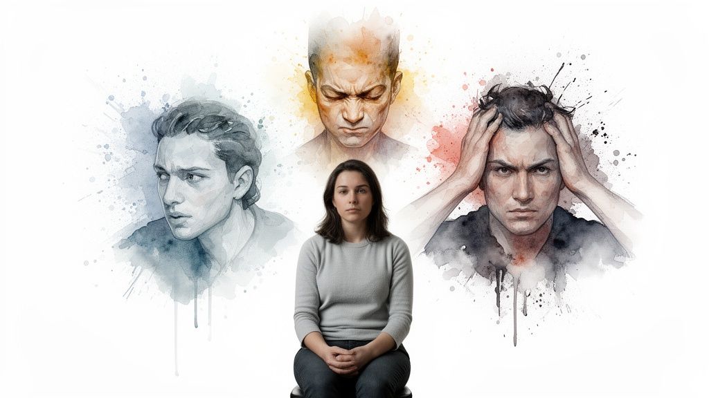 A woman surrounded by watercolor illustrations of men expressing distress, anger, and frustration, symbolizing inner conflict.