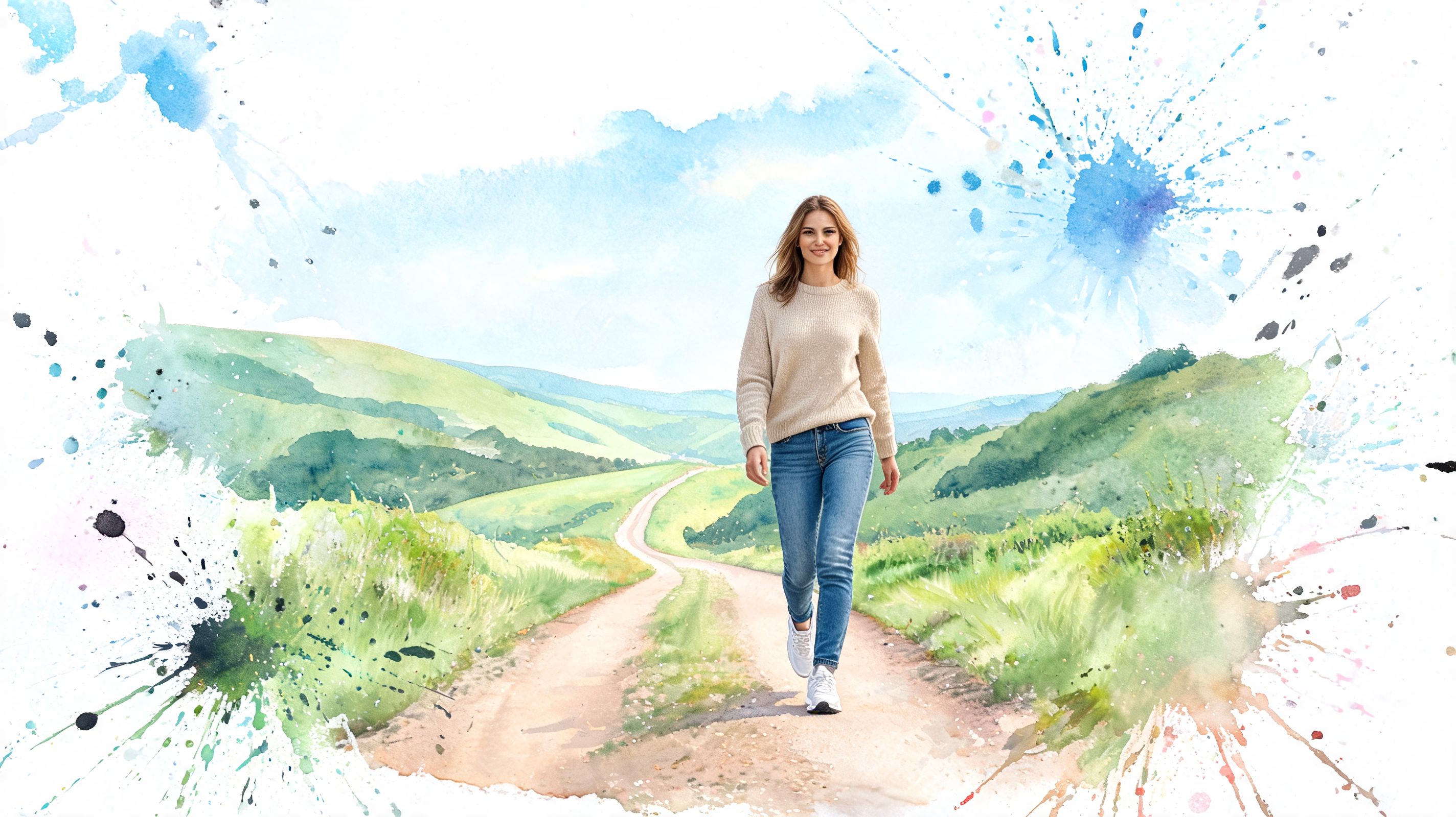 A happy young woman walking comfortably along a scenic dirt path through rolling green hills