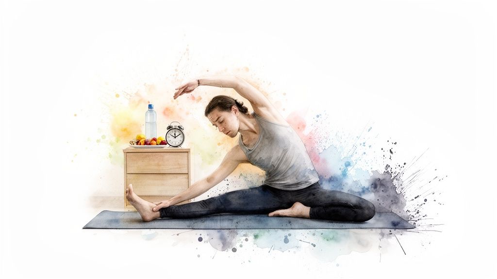 A person in a gray tank top and black pants doing a yoga side stretch on a mat.