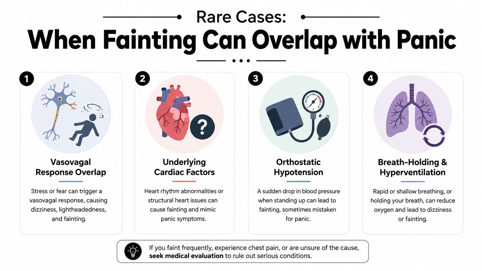 An infographic detailing four rare medical reasons for fainting that can be confused with panic attacks.
