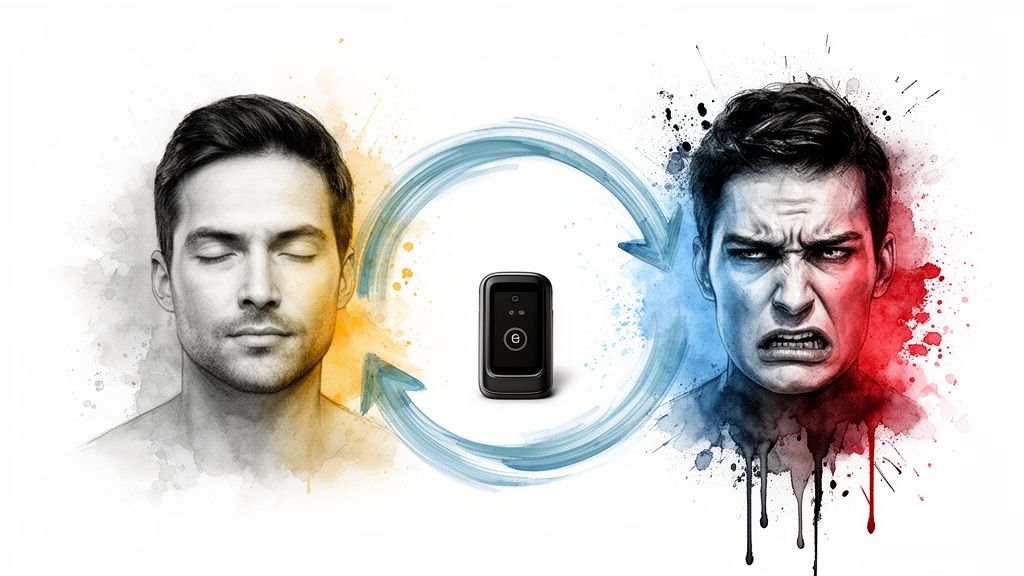 Illustrative image showing a man's face, transitioning from calm to angry, with a device and circular arrows.
