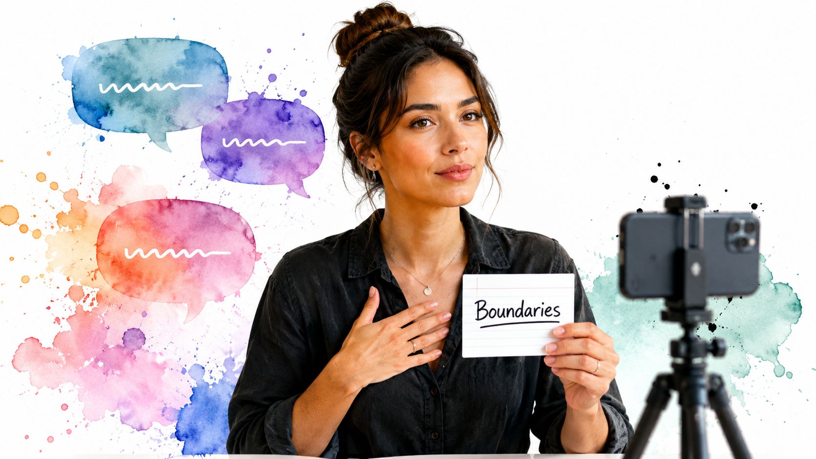 A young woman speaking to a camera, holding a sign that says Boundaries, with colorful speech bubbles.