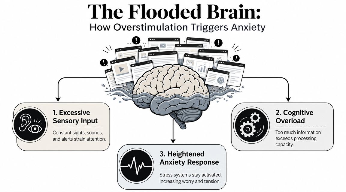 An infographic showing a brain flooded with digital windows, representing overstimulation causing anxiety and cognitive overload.