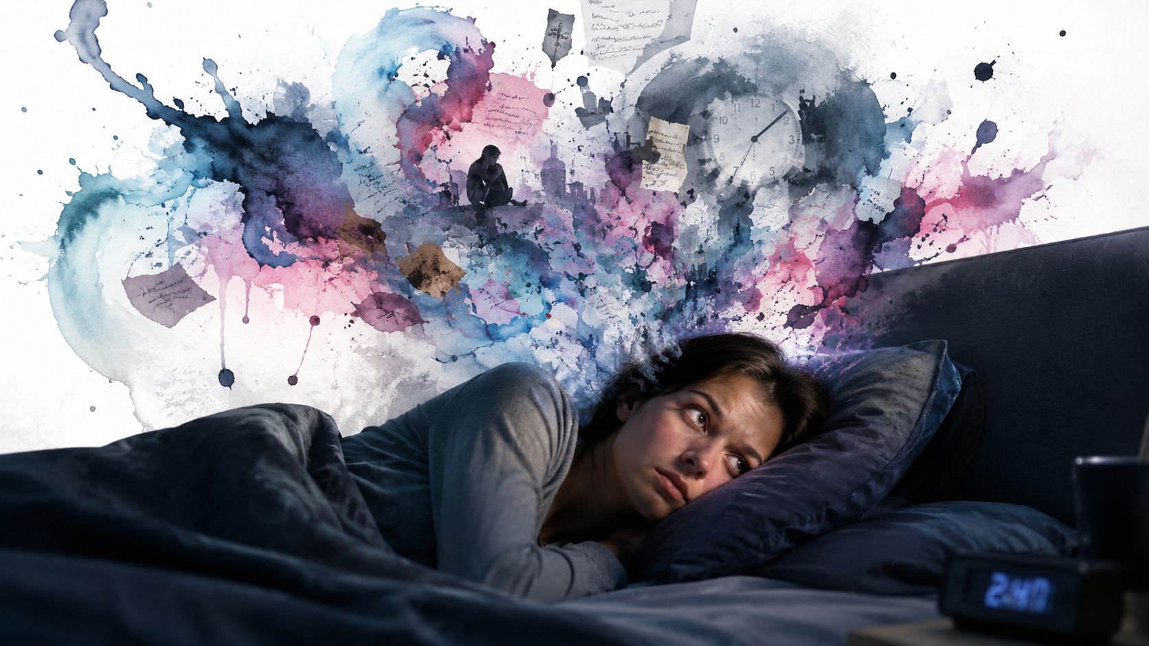 A woman lying in bed awake at night with colorful watercolor clouds representing racing thoughts and anxiety.