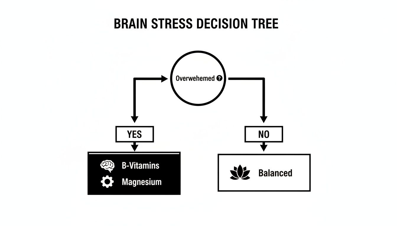 A brain stress decision tree flowchart asks 'Overwhelmed?', suggesting B-Vitamins and Magnesium for 'Yes', and 'Balanced' for 'No'.