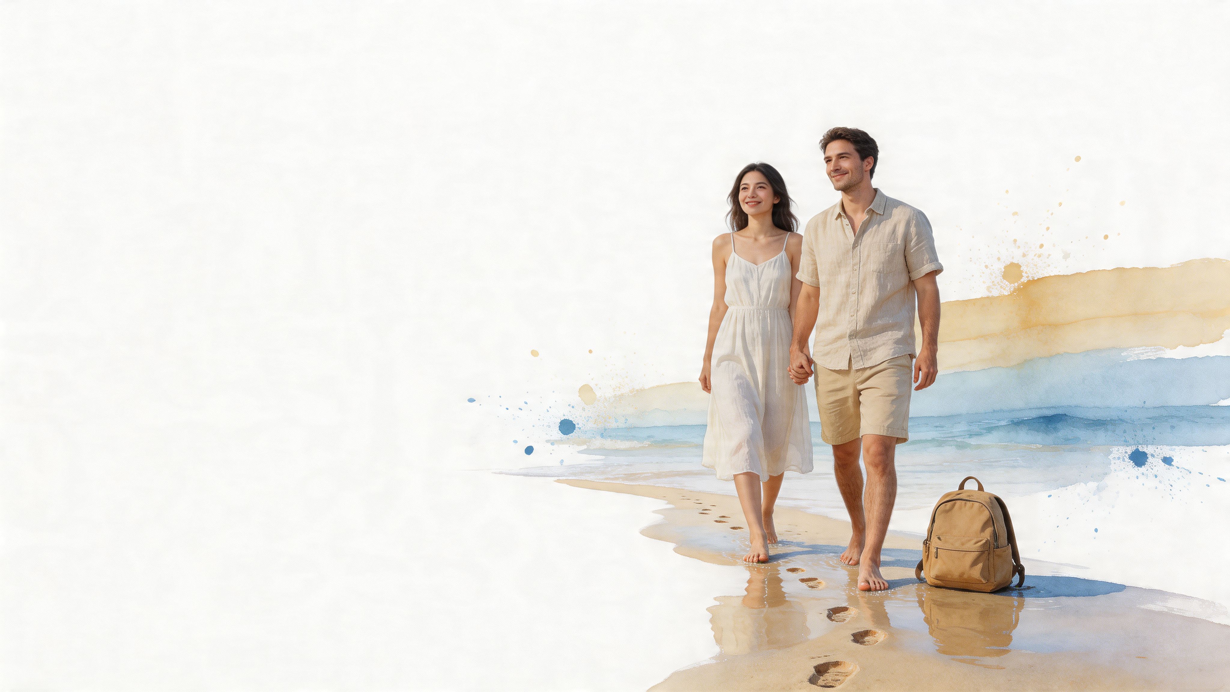 A happy couple walking hand in hand along a sandy beach with a backpack nearby.