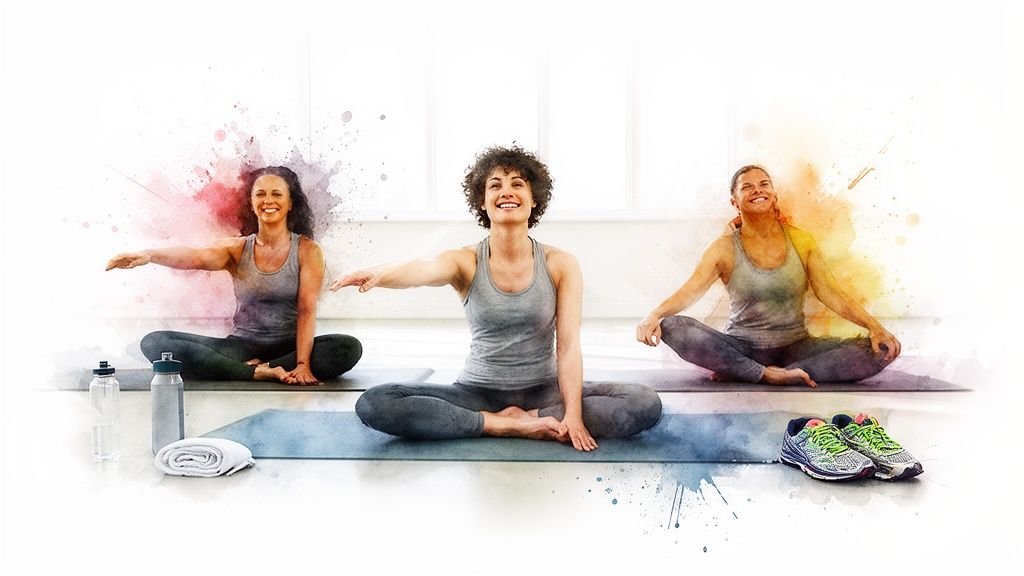 Three happy women practicing yoga on mats in a bright studio with colorful watercolor effects.