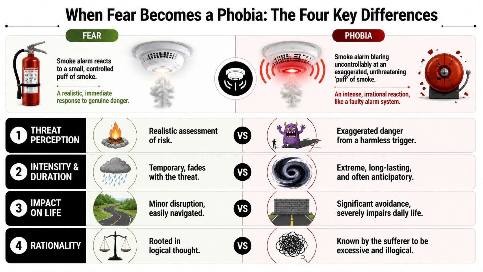 A comparison infographic showing four key differences between a normal fear response and an irrational phobia.
