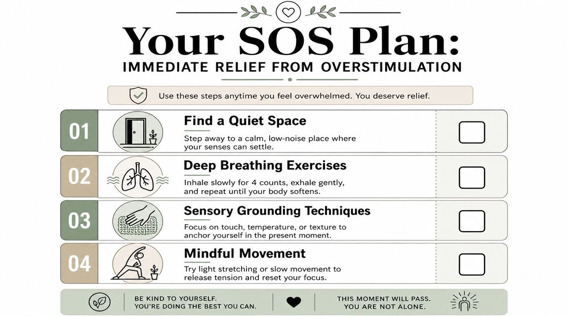 An infographic titled Your SOS Plan offering four steps to achieve immediate relief from overstimulation and anxiety.