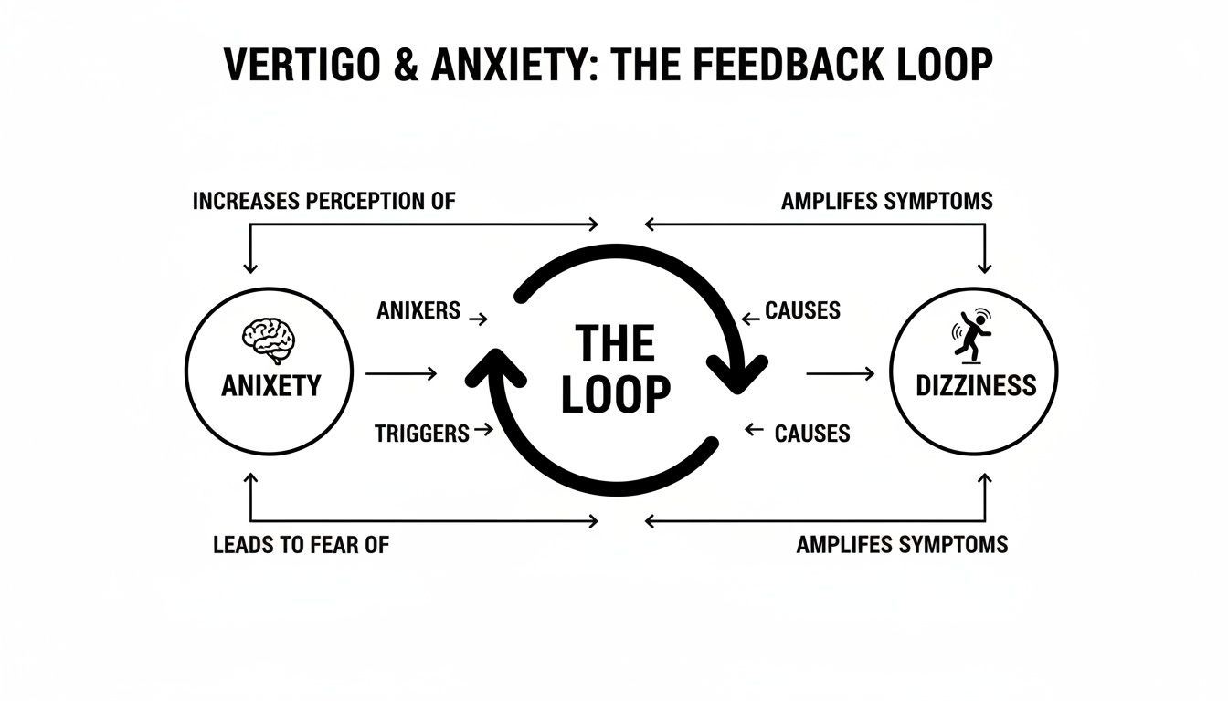 Diagram showing the feedback loop between anxiety and dizziness, where each amplifies the other.