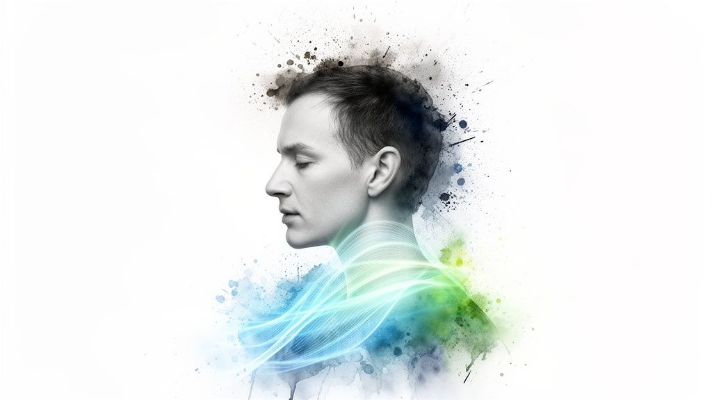 Profile of a man with closed eyes, surrounded by energetic blue and green light, with ink splatters.