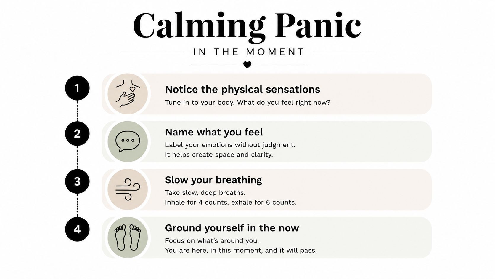 An infographic titled Calming Panic in the Moment listing four numbered steps for grounding techniques.