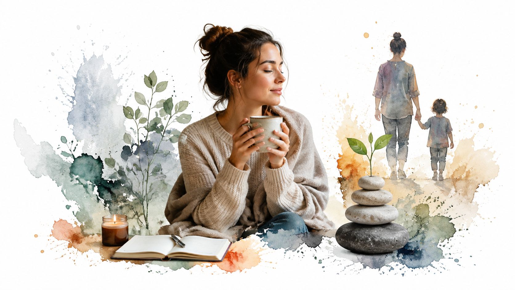 A woman relaxes with a coffee while reflecting on parenthood through watercolor imagery of mother and child.