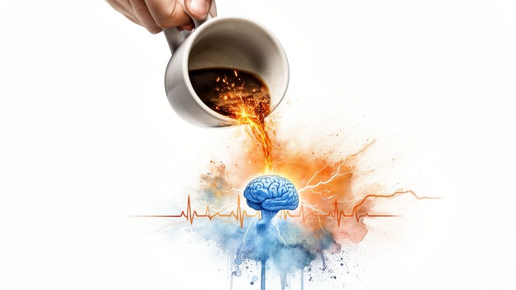 A hand pours energizing coffee onto a brain, illustrating caffeine's impact on mental function.
