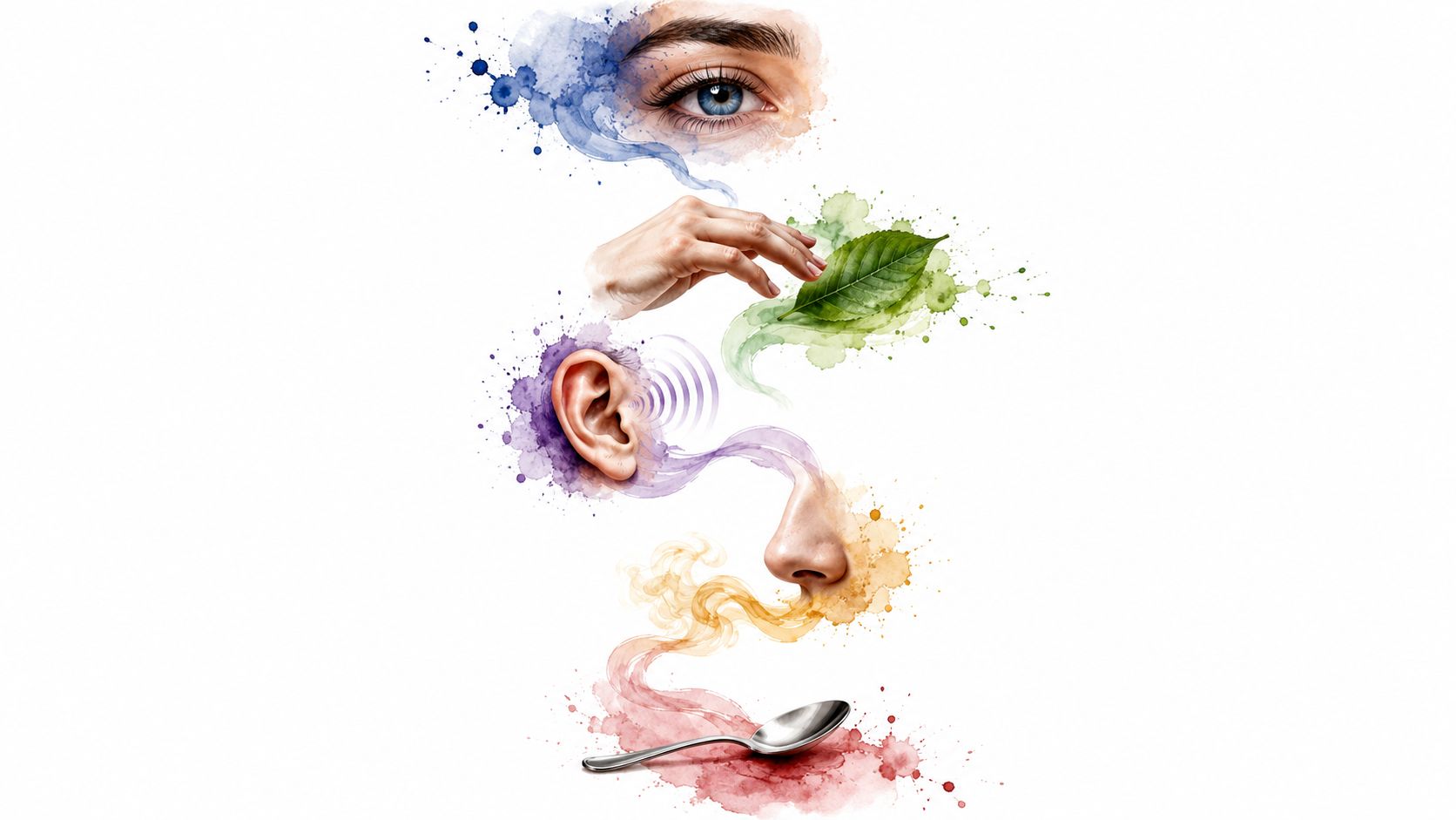 A creative illustration depicting five human senses represented by watercolor splashes, body parts, and symbolic objects.