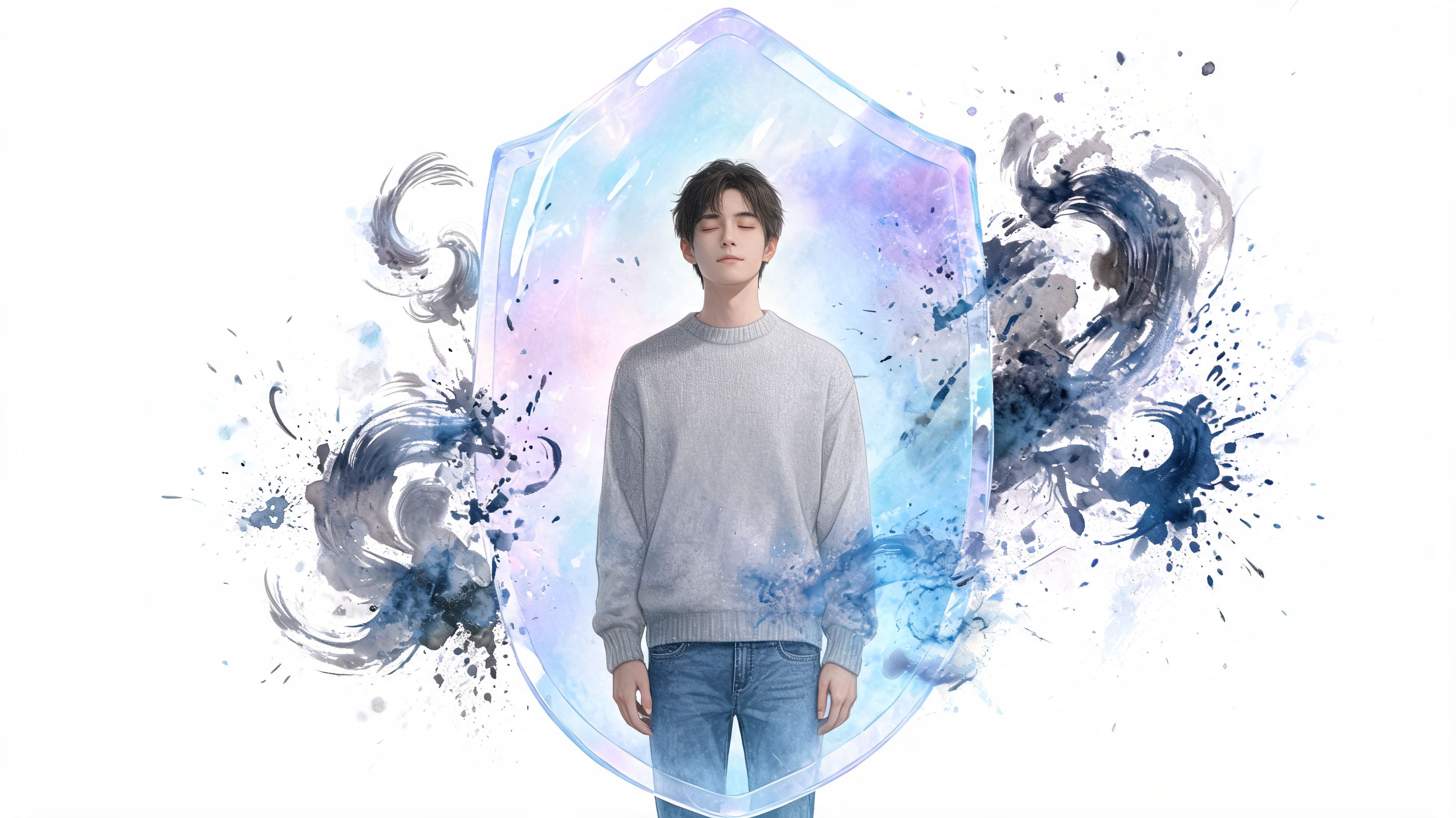 A young man with closed eyes standing peacefully inside a shimmering, protective magical shield surrounded by watercolor ink.
