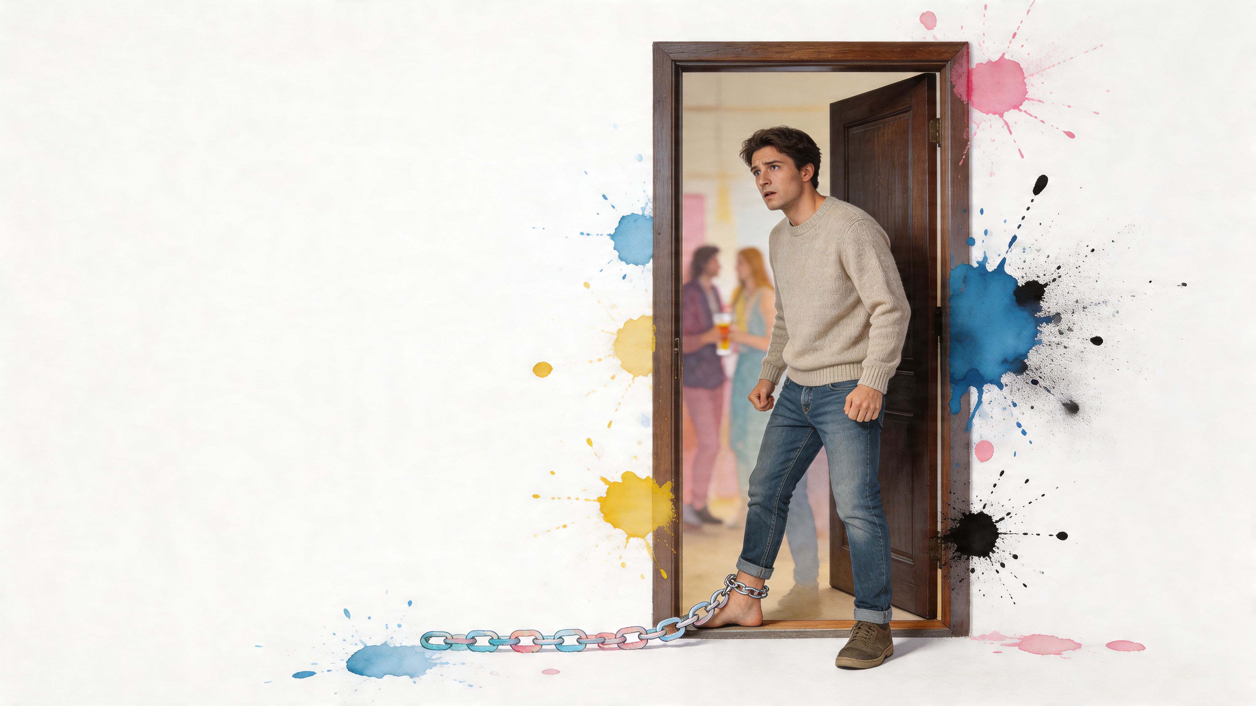A man looking anxious, tethered by a metal chain to a doorway opening into a lively party.