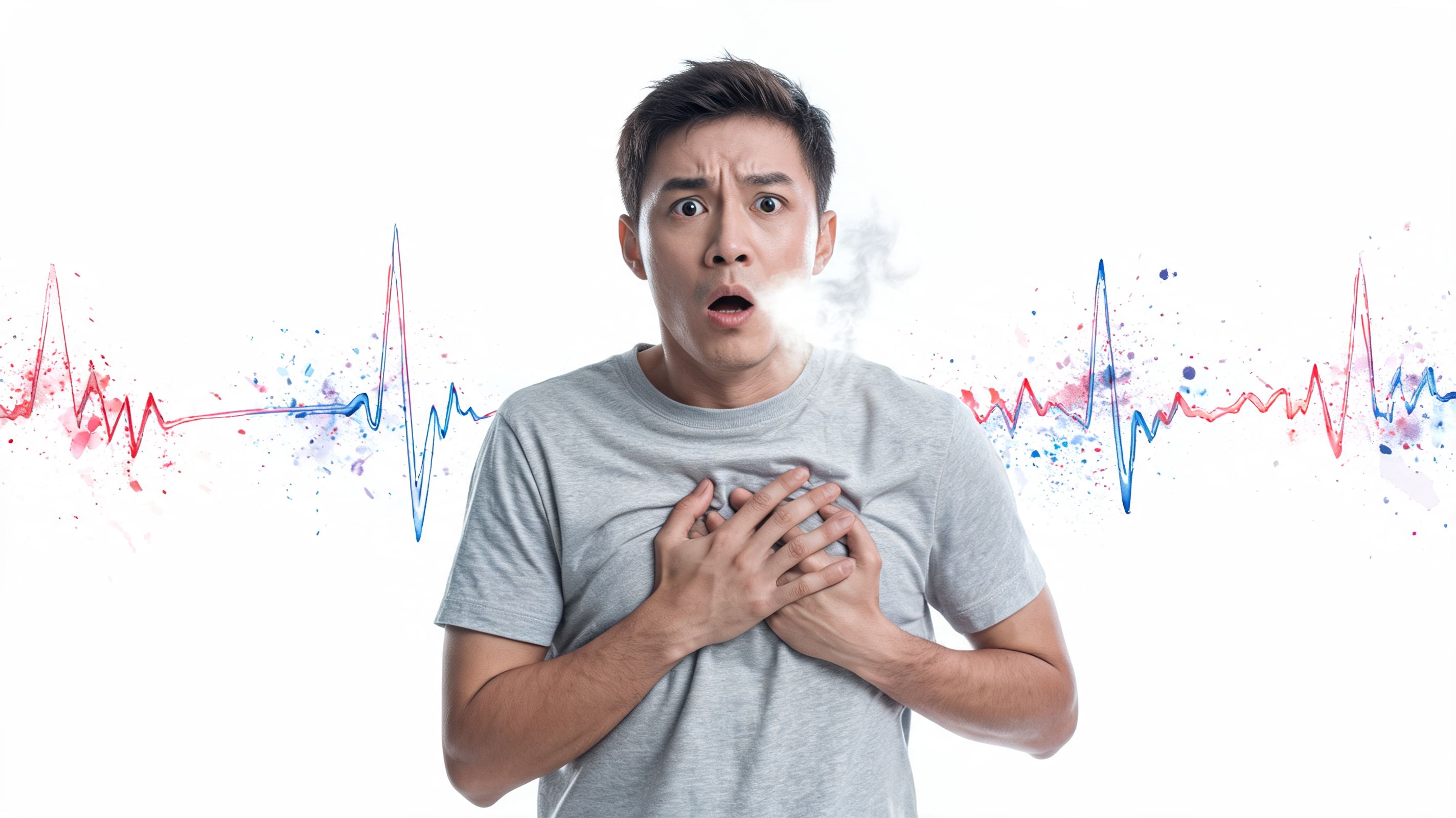 A man looking panicked while clutching his chest with a visual representation of heart rate monitors.
