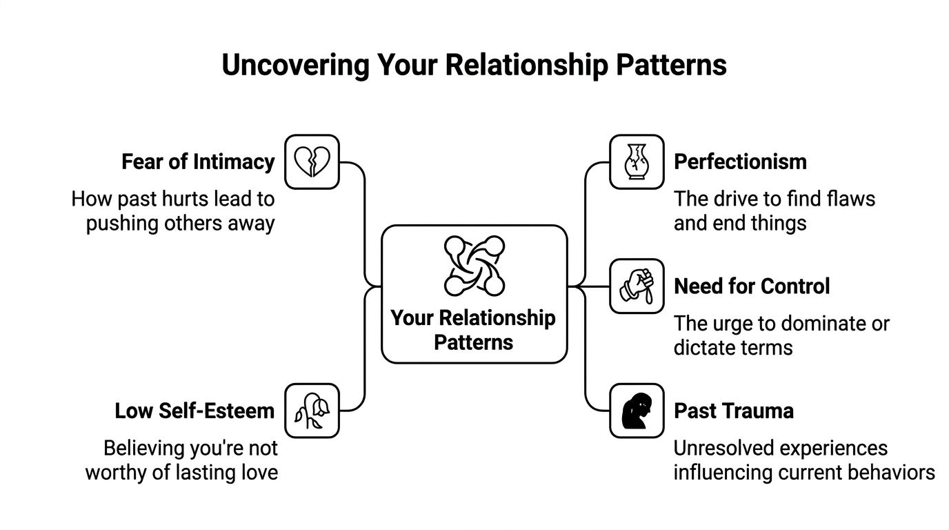 A diagram titled Uncovering Your Relationship Patterns showing factors like fear of intimacy, perfectionism, and past trauma.