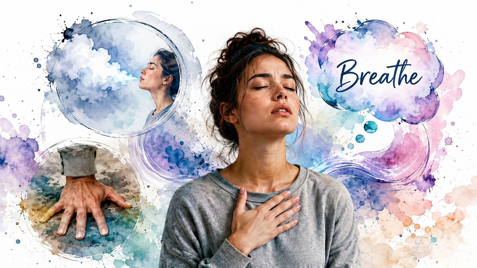 A woman practicing mindfulness breathing exercises to manage stress, surrounded by artistic watercolor clouds and elements.