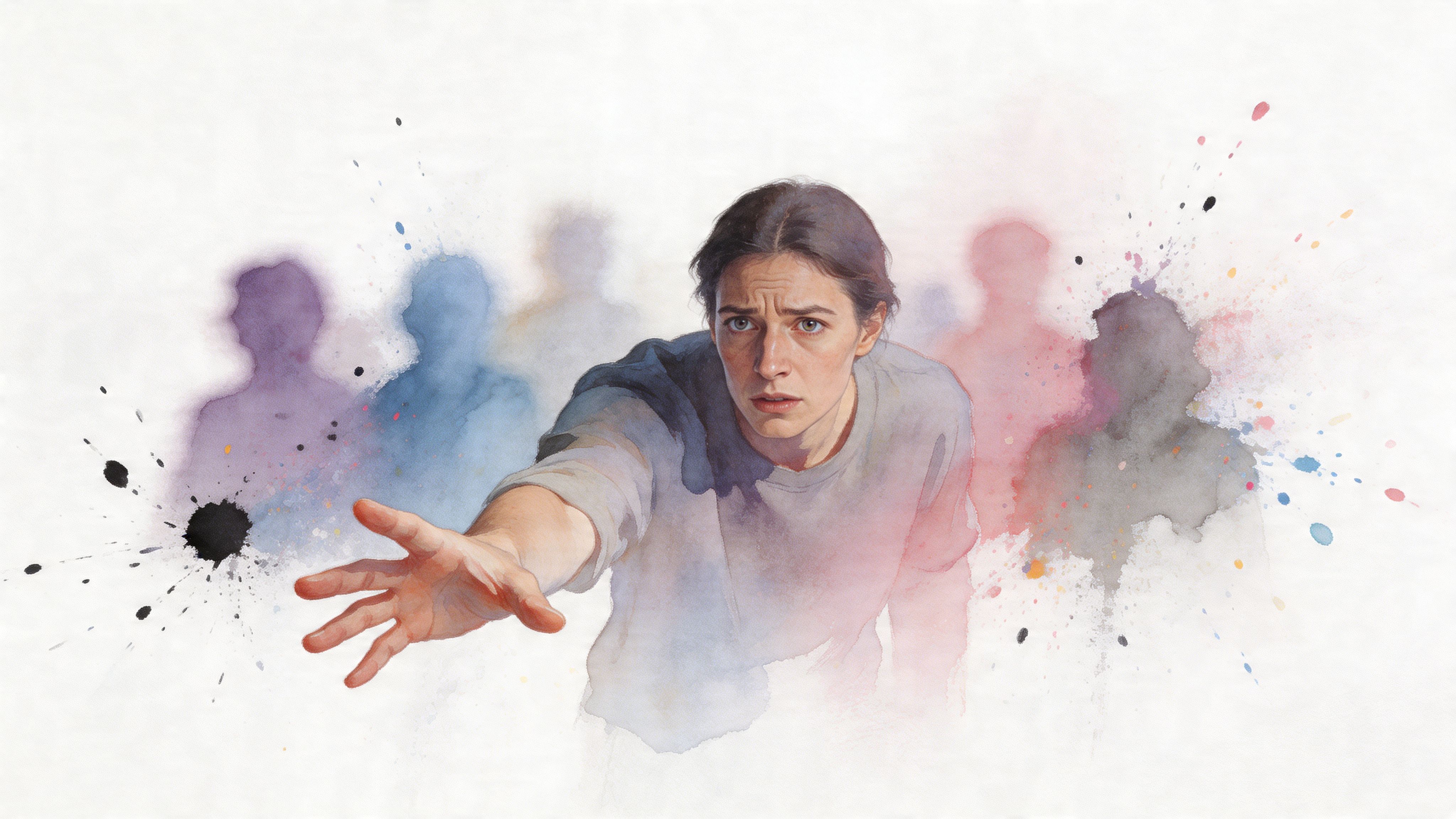 A watercolor portrait of a concerned woman reaching out with her hand surrounded by abstract colorful silhouettes.