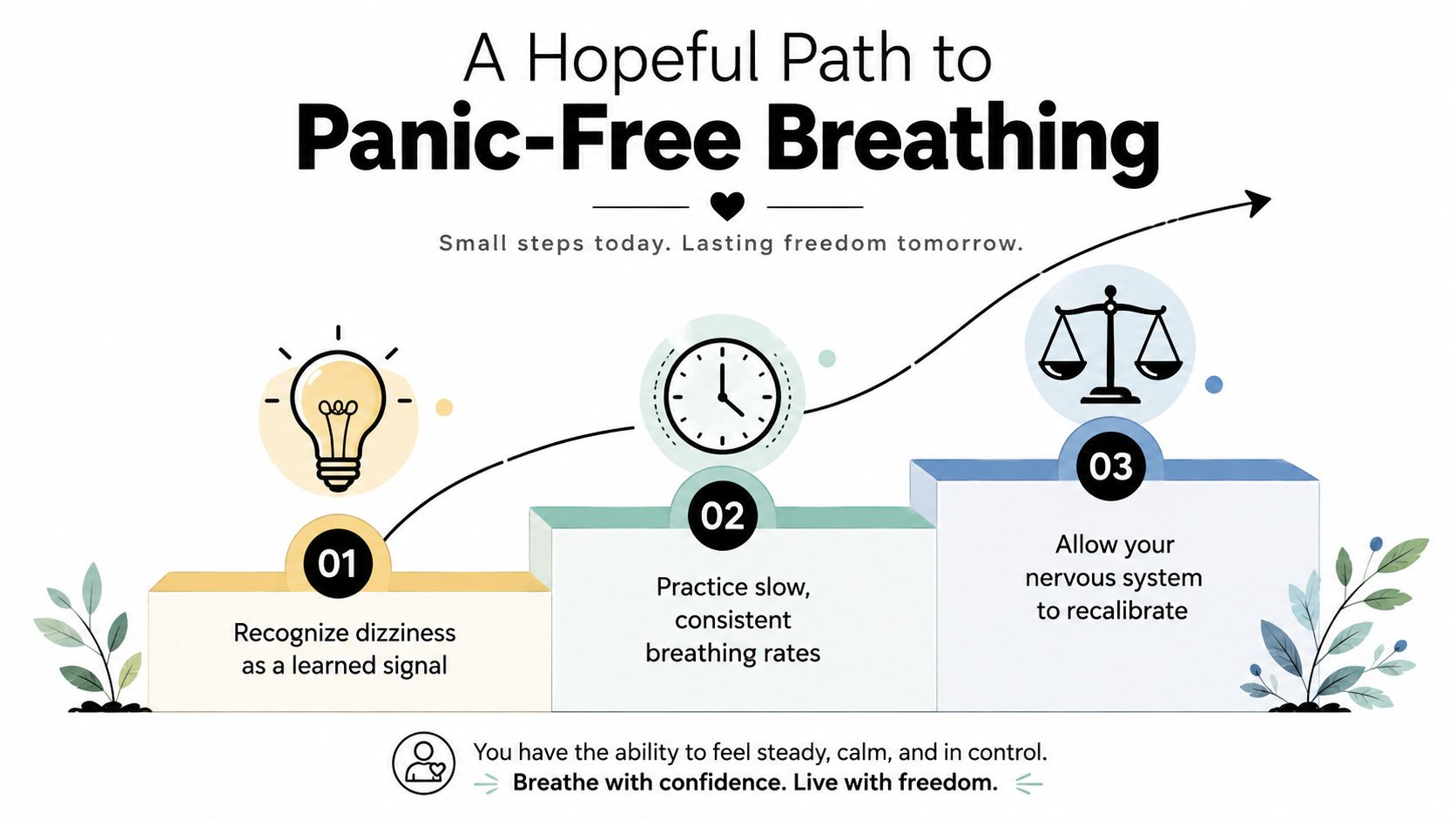 A three-step infographic on how to overcome dizziness during breathing exercises to regain calm and control.