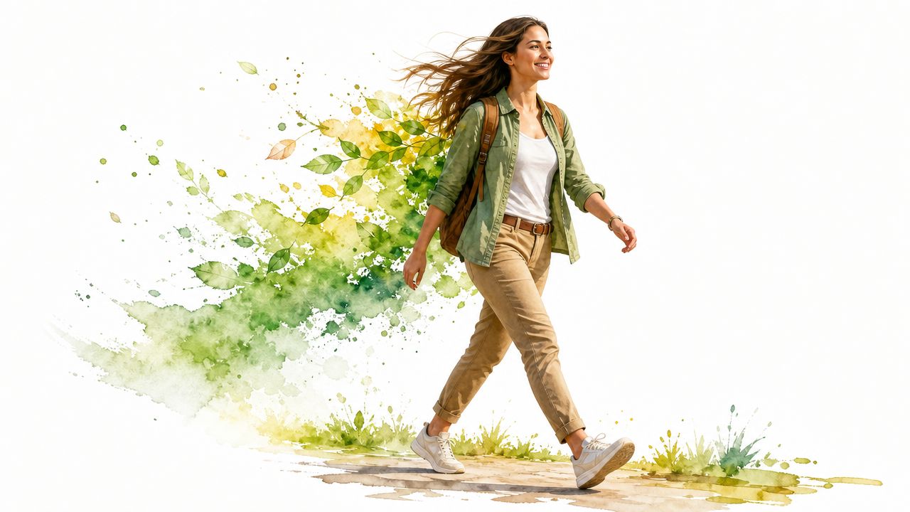 A happy woman walking outdoors with a nature-inspired watercolor background of green leaves and grass.