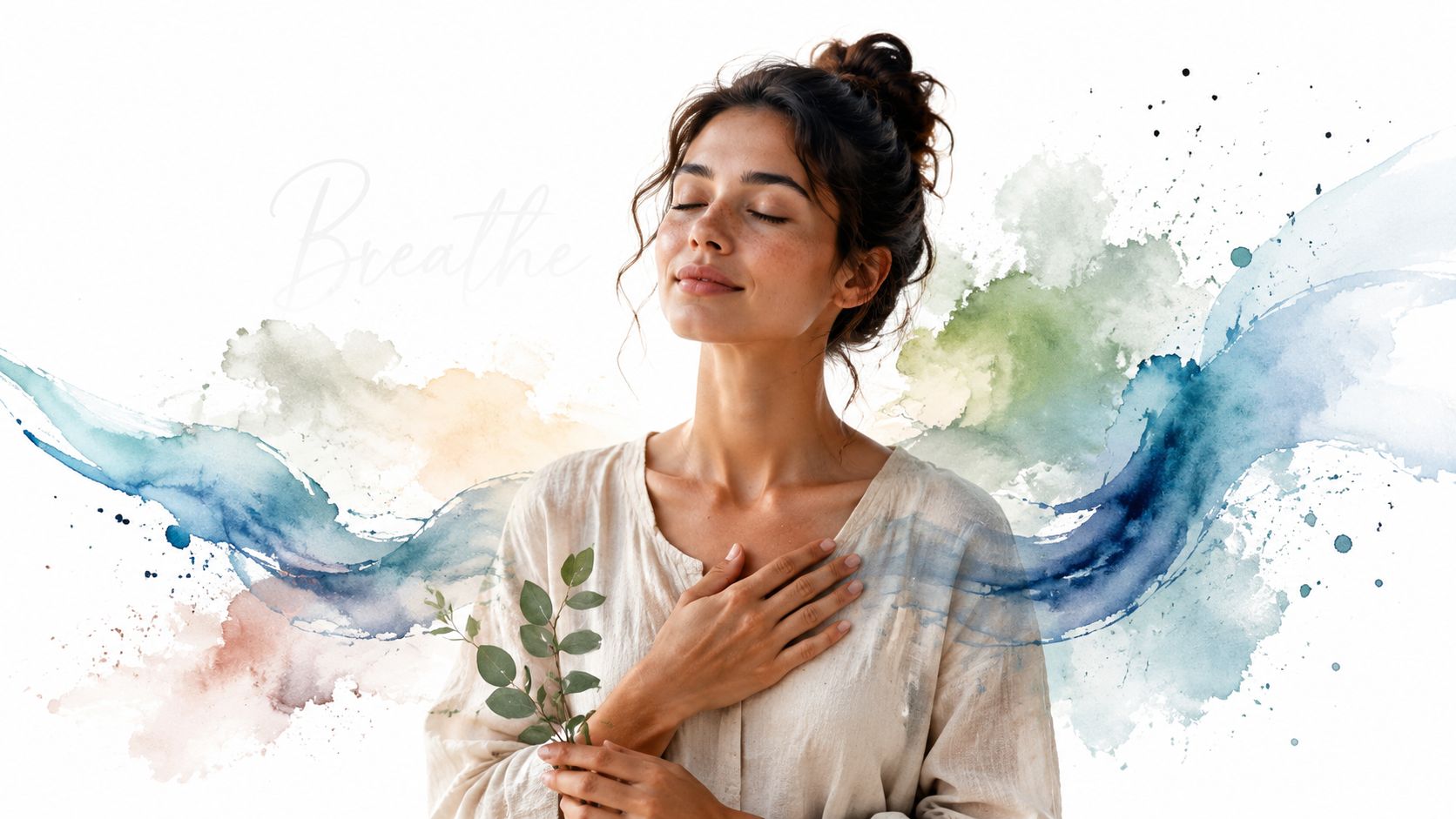 A serene woman with closed eyes holding eucalyptus leaves, representing mindful breathing and relief from chest pressure.