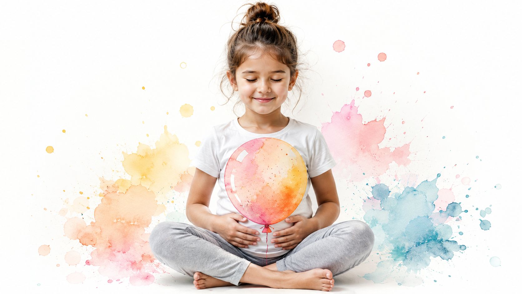 A young girl with closed eyes practicing grounding techniques by holding an imaginary watercolor balloon on her belly.
