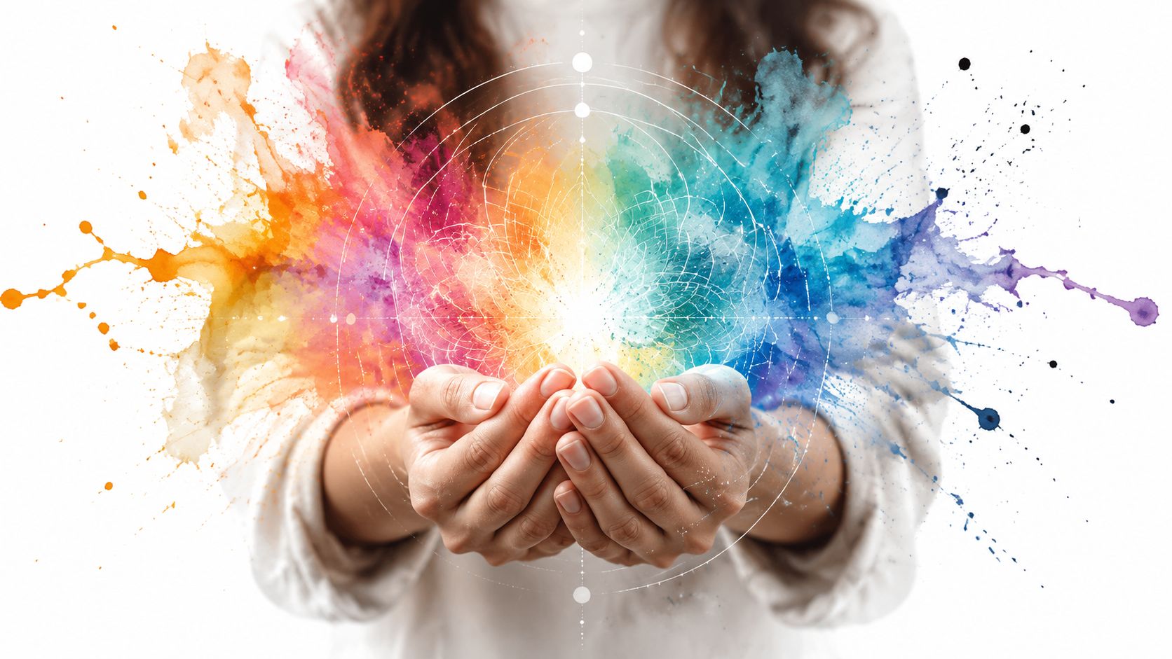 A person holding a glowing, vibrant, multi-colored abstract energy burst between their cupped hands.