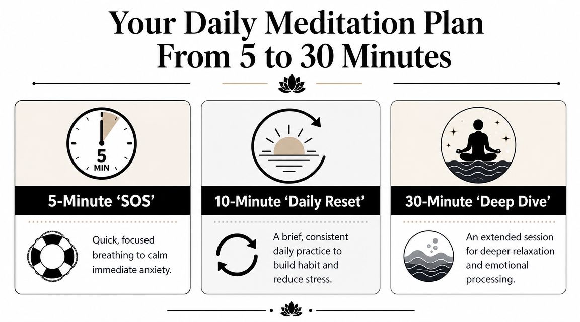 An infographic titled Your Daily Meditation Plan showing 5, 10, and 30 minute options for managing stress.