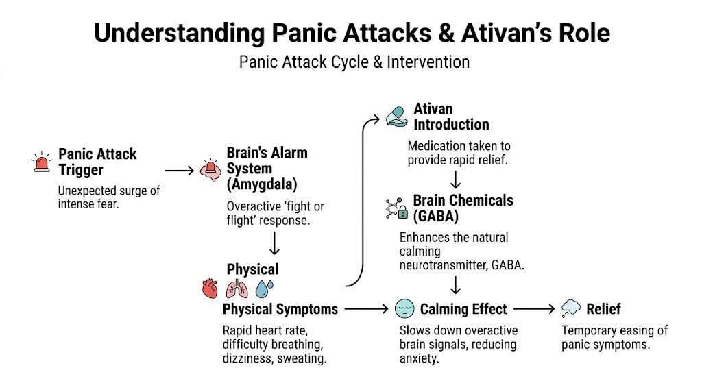 A diagram illustrating how Ativan works to provide relief by calming the brain during panic attacks.