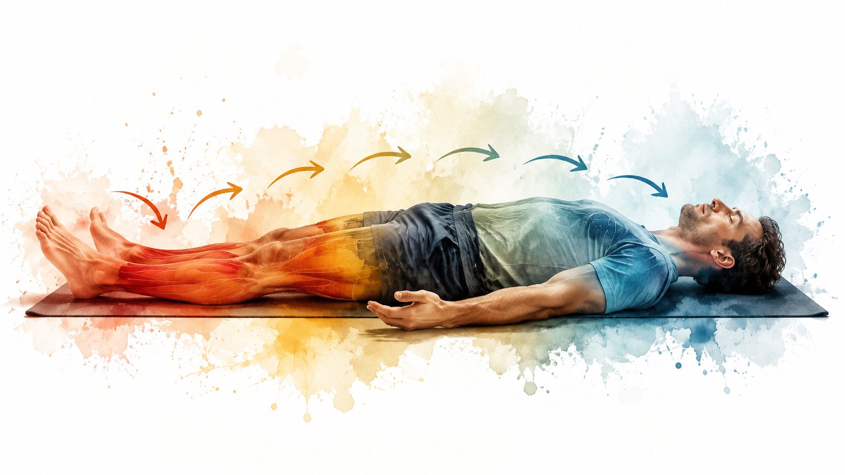 A person lying on a yoga mat practicing nervous system regulation exercises for deep relaxation and healing.