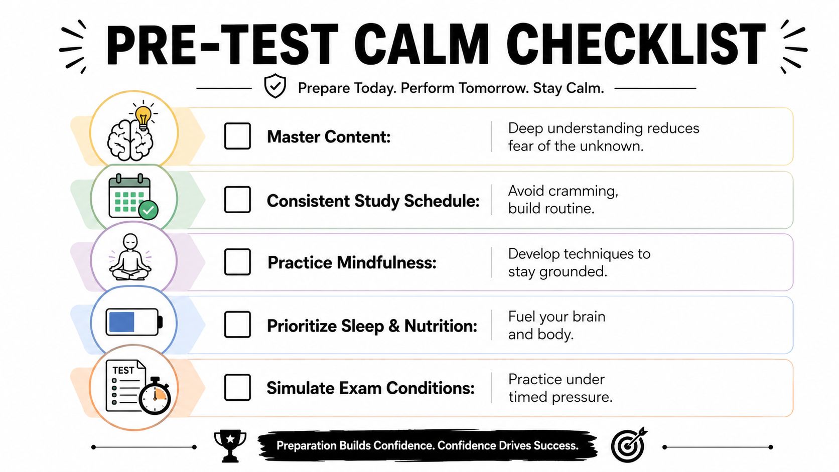 A checklist infographic titled Pre-Test Calm Checklist offering tips for managing stress and exam preparation.