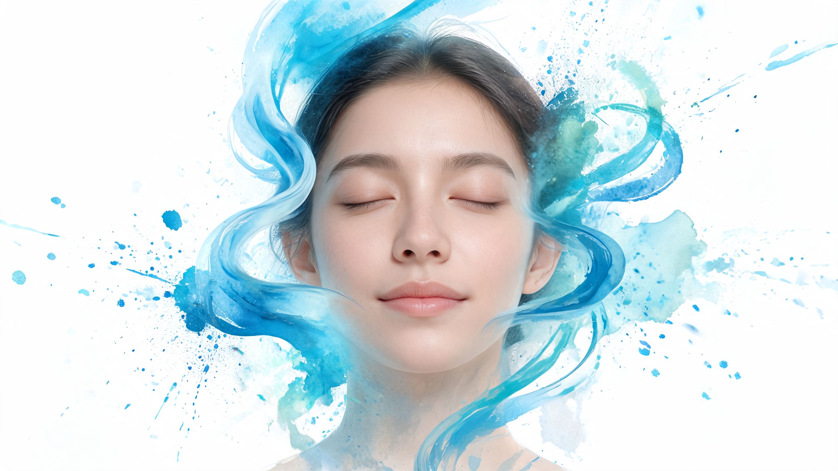 A serene young woman with closed eyes surrounded by artistic blue watercolor splashes and fluid abstract patterns.