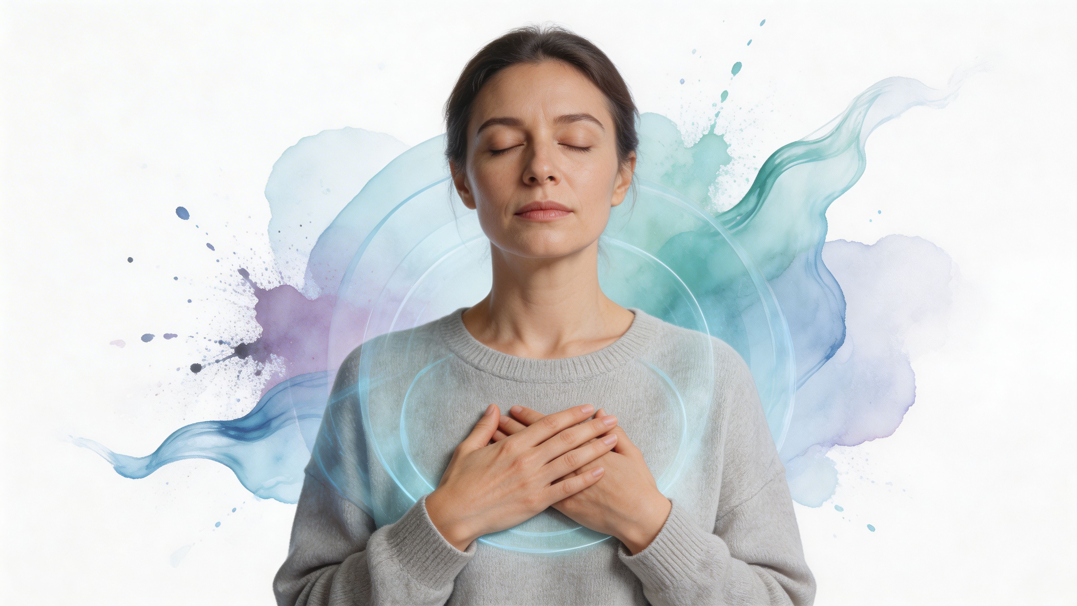 A serene woman with closed eyes and hands over her chest, surrounded by calming watercolor abstract energy.