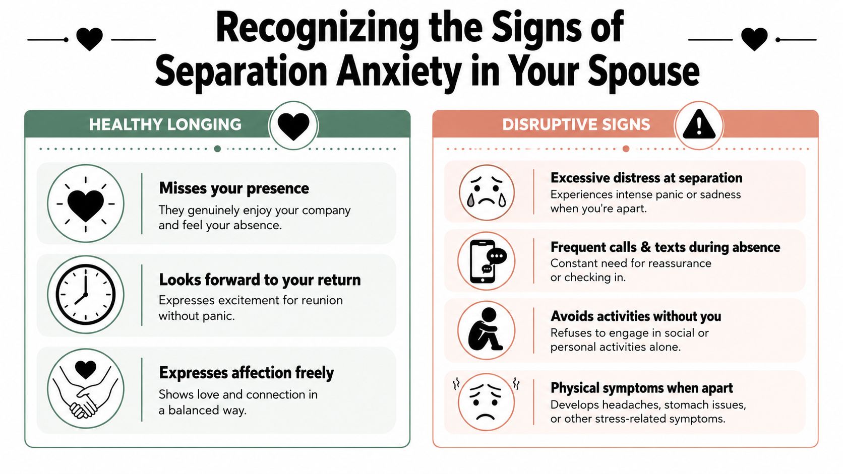An infographic titled Recognizing the Signs of Separation Anxiety in Your Spouse, comparing healthy longing versus disruptive signs.
