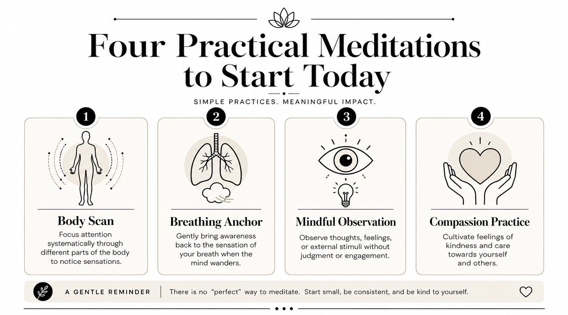 An infographic titled Four Practical Meditations to Start Today, illustrating body scan, breathing, observation, and compassion.