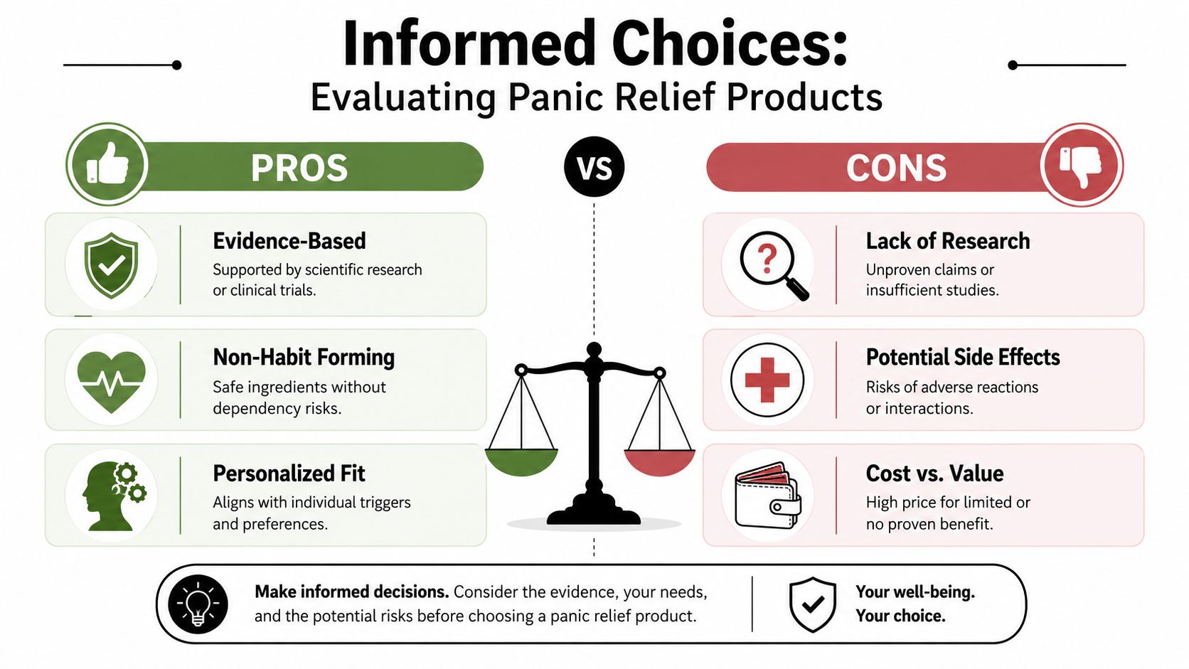 A comparison infographic showing the pros and cons of evaluating different panic relief products for informed decision-making.
