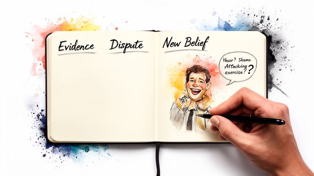 An open notebook illustrating 'Evidence', 'Dispute', and 'New Belief' sections with a man drawing.