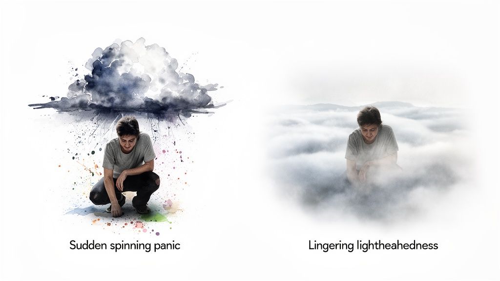 A person illustrating 'sudden spinning panic' under a stormy cloud and 'lingering lightheadedness' in a misty landscape.