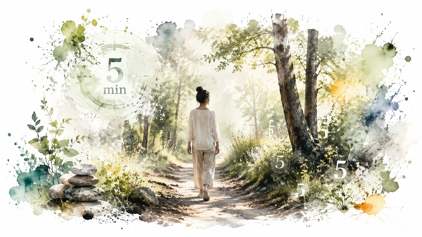 A woman walks along a sunlit forest path in a serene, watercolor-style guided walking meditation scene.