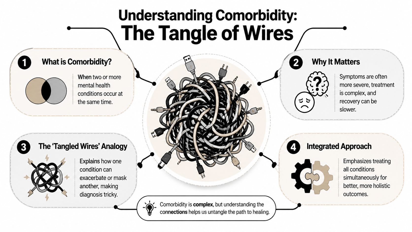 An infographic titled Understanding Comorbidity showing how multiple mental health conditions are interconnected like tangled wires.