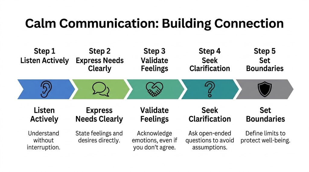 A five-step instructional graphic titled Calm Communication, showing steps for building healthy connections through active listening and boundaries.
