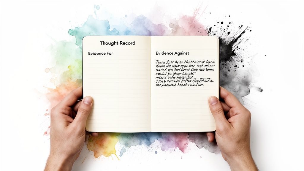 Hands hold an open notebook displaying a 'Thought Record' with 'Evidence For' and 'Evidence Against' sections.