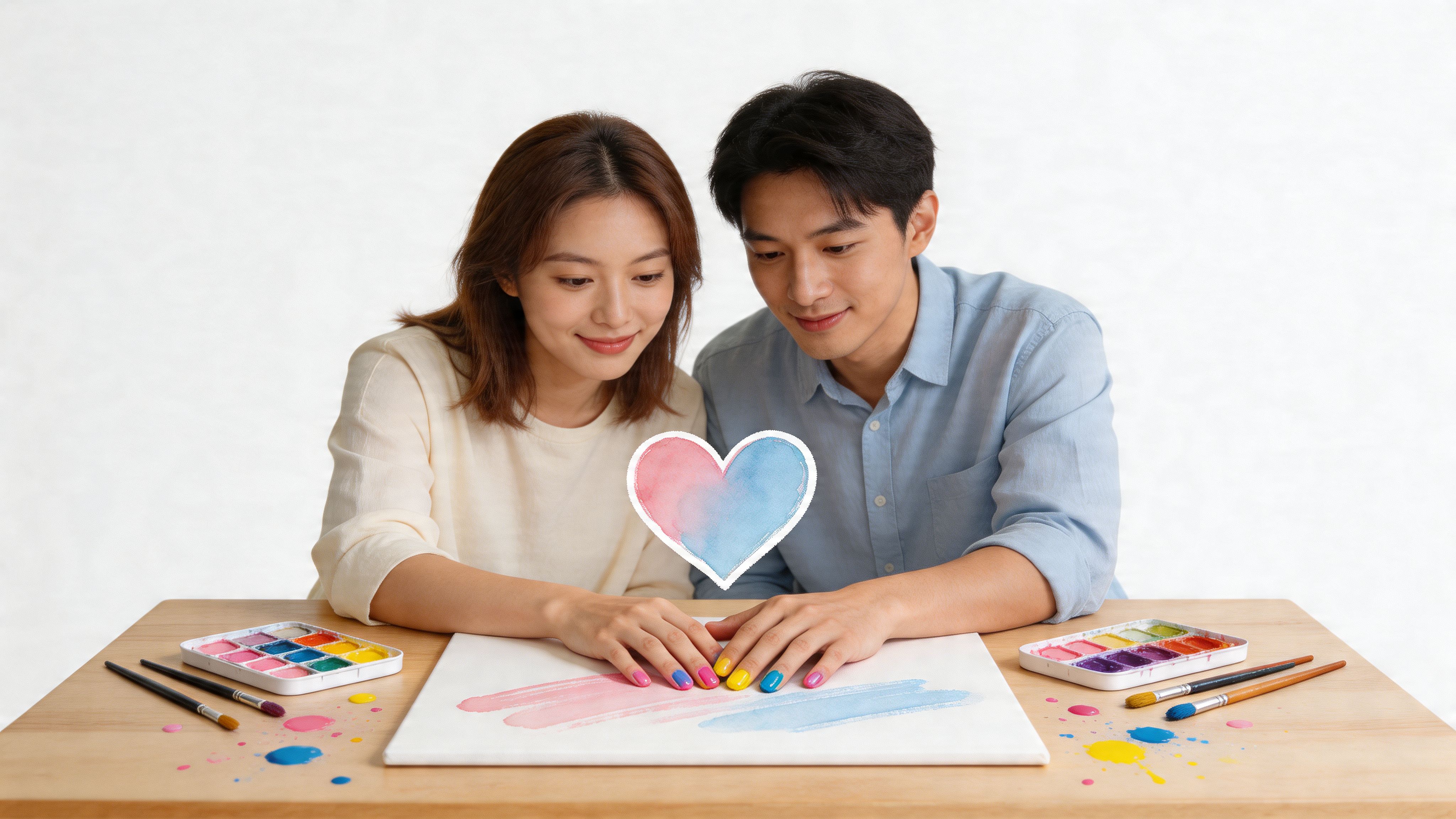 A happy couple sitting at a wooden table painting a colorful watercolor heart on a canvas together.