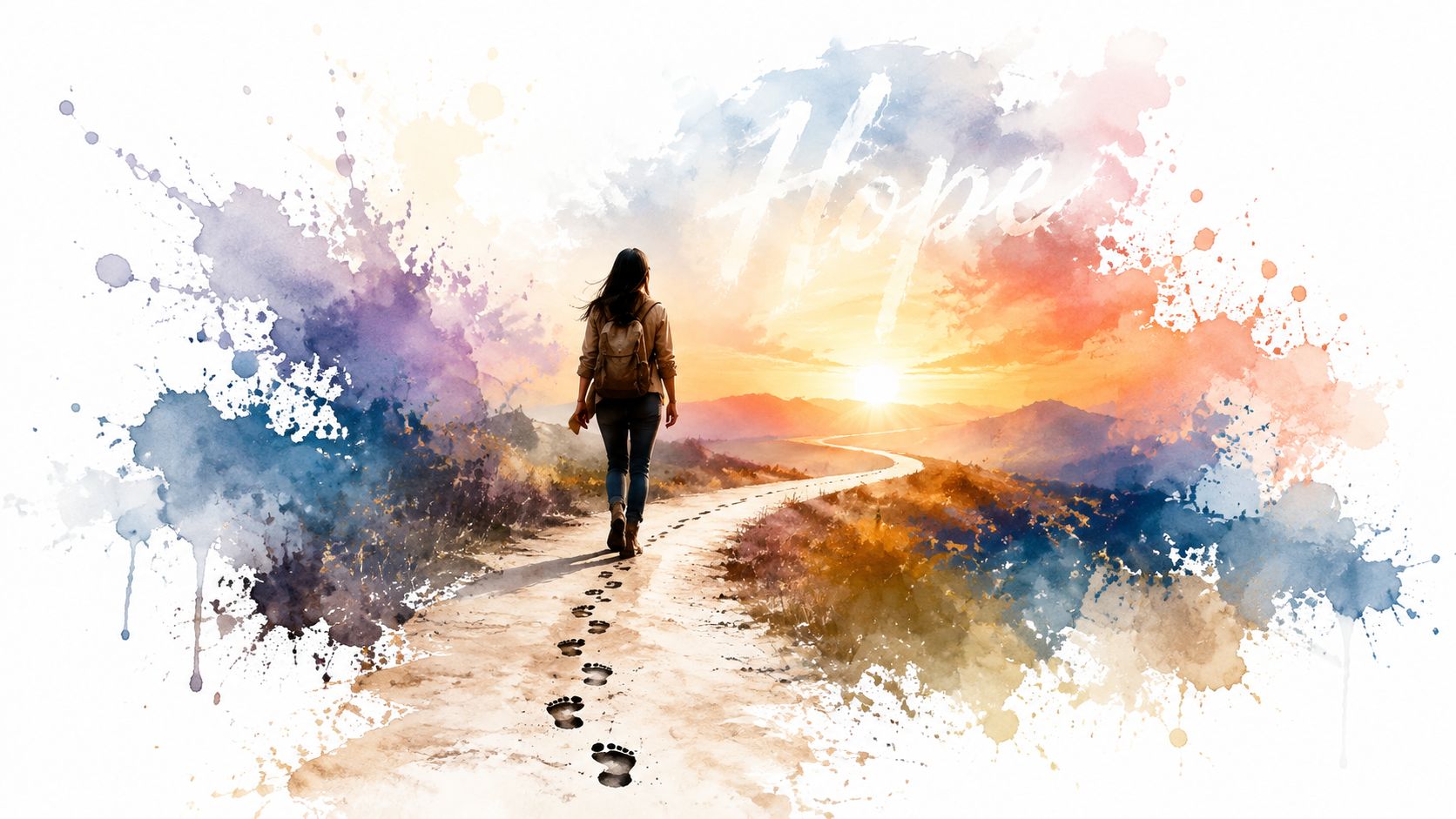 A woman walking on a dusty path towards a bright sunset with the word Hope above.
